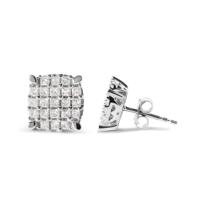 Aretes de botón de racimo en forma de cojín con diamantes talla princesa de 3/4 ct. p.t. en oro blanco de 10K, foto 3