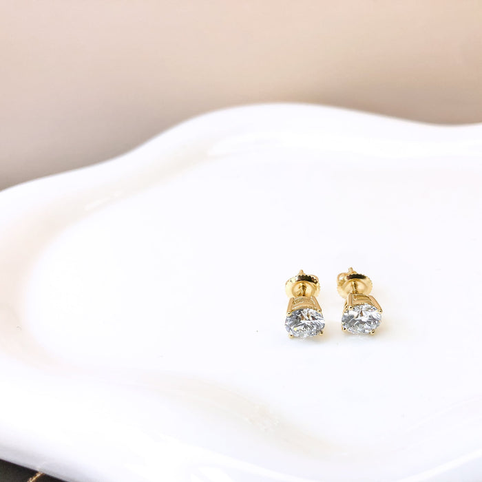 Round Lab-Grown Diamond Solitaire Stud Earrings with Screw Backs in 14K Gold