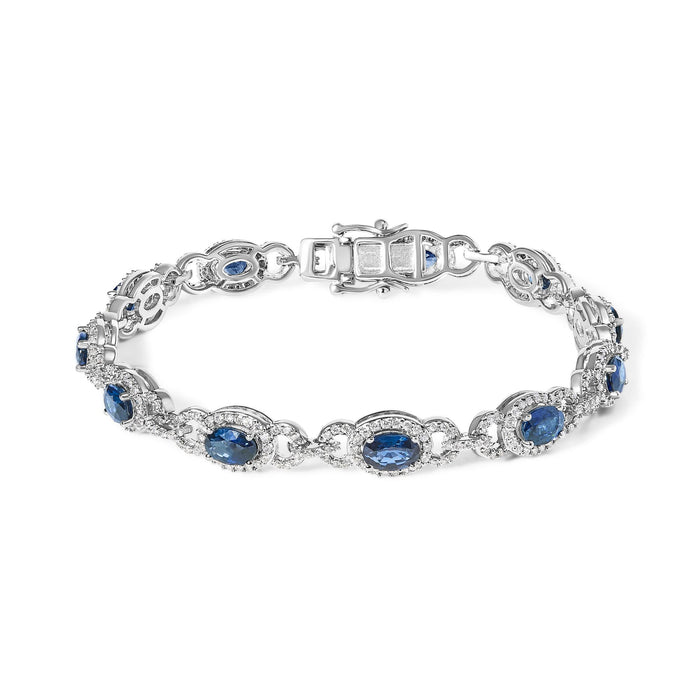 Pulsera de eslabones estilo vintage con zafiro azul ovalado y diamantes en oro blanco de 14K, foto 1