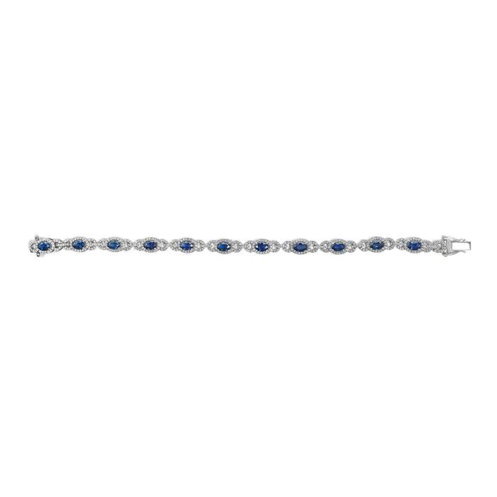 Pulsera de eslabones estilo vintage con zafiro azul ovalado y diamantes en oro blanco de 14K, foto 4