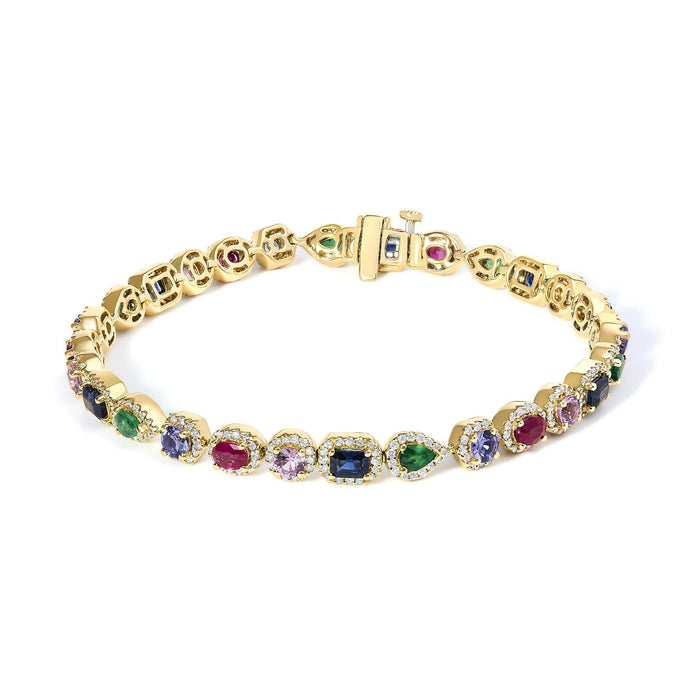 Multi-Gemstone and Diamond Halo Rainbow Tennis Bracelet in 14K Yellow Gold, photo 1