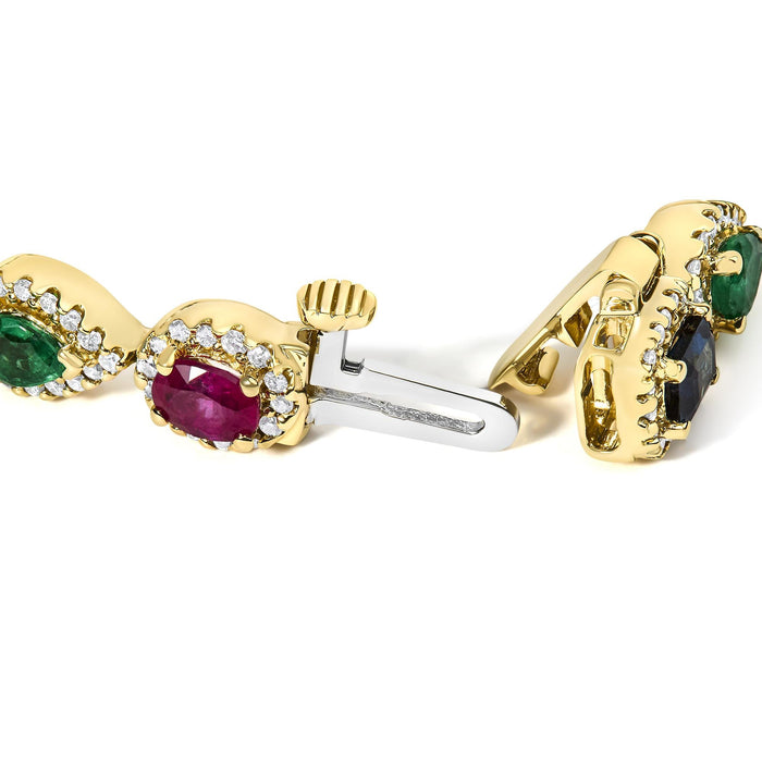 Multi-Gemstone and Diamond Halo Rainbow Tennis Bracelet in 14K Yellow Gold, photo 2