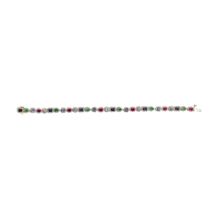 Multi-Gemstone and Diamond Halo Rainbow Tennis Bracelet in 14K Yellow Gold, photo 4
