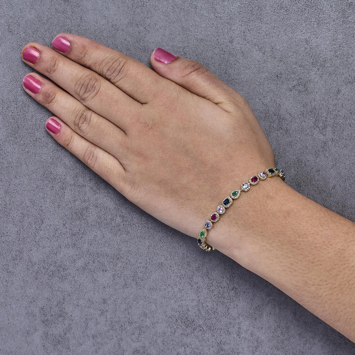 Multi-Gemstone and Diamond Halo Rainbow Tennis Bracelet in 14K Yellow Gold, photo 3