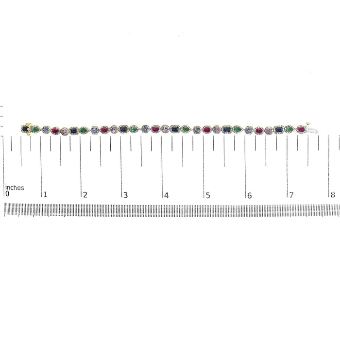 Multi-Gemstone and Diamond Halo Rainbow Tennis Bracelet in 14K Yellow Gold, photo 5