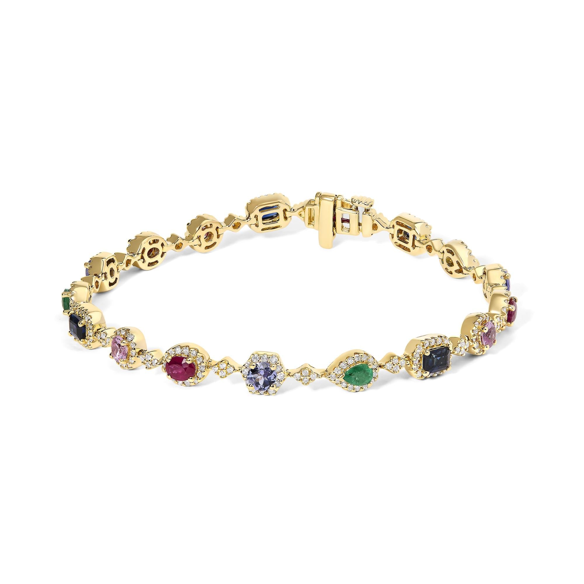 Multi-Gemstone and Diamond Halo Rainbow Link Bracelet in 14K Yellow Gold, photo 1