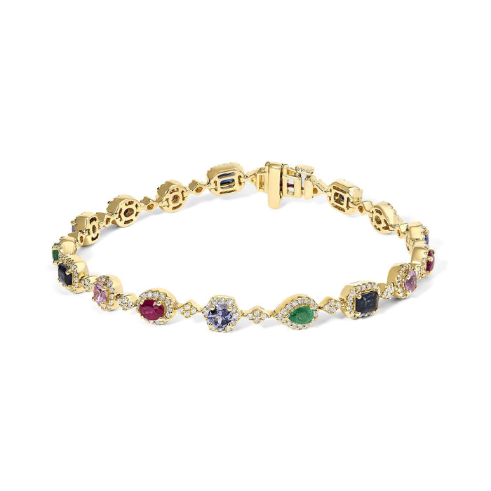 Multi-Gemstone and Diamond Halo Rainbow Link Bracelet in 14K Yellow Gold, photo 1
