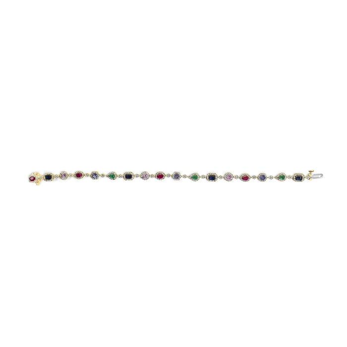 Multi-Gemstone and Diamond Halo Rainbow Link Bracelet in 14K Yellow Gold, photo 4