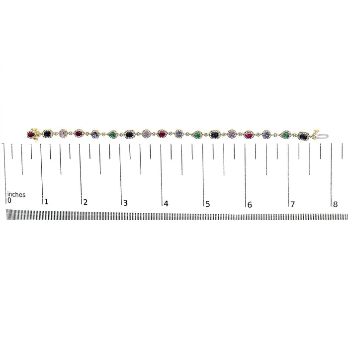 Multi-Gemstone and Diamond Halo Rainbow Link Bracelet in 14K Yellow Gold, photo 5