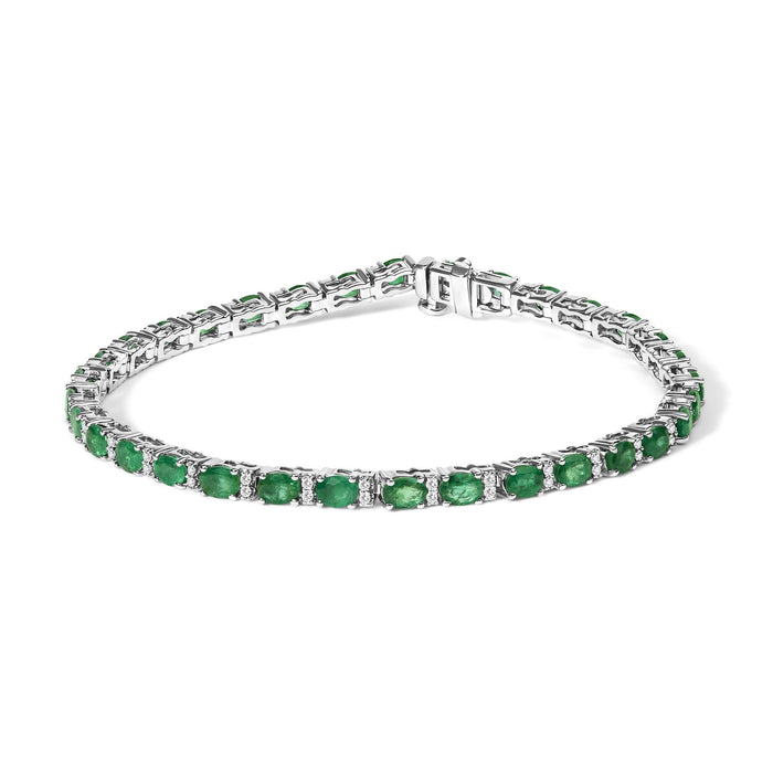 Pulsera tenis alterna con esmeralda verde ovalada y diamantes en oro blanco de 14K, foto 1