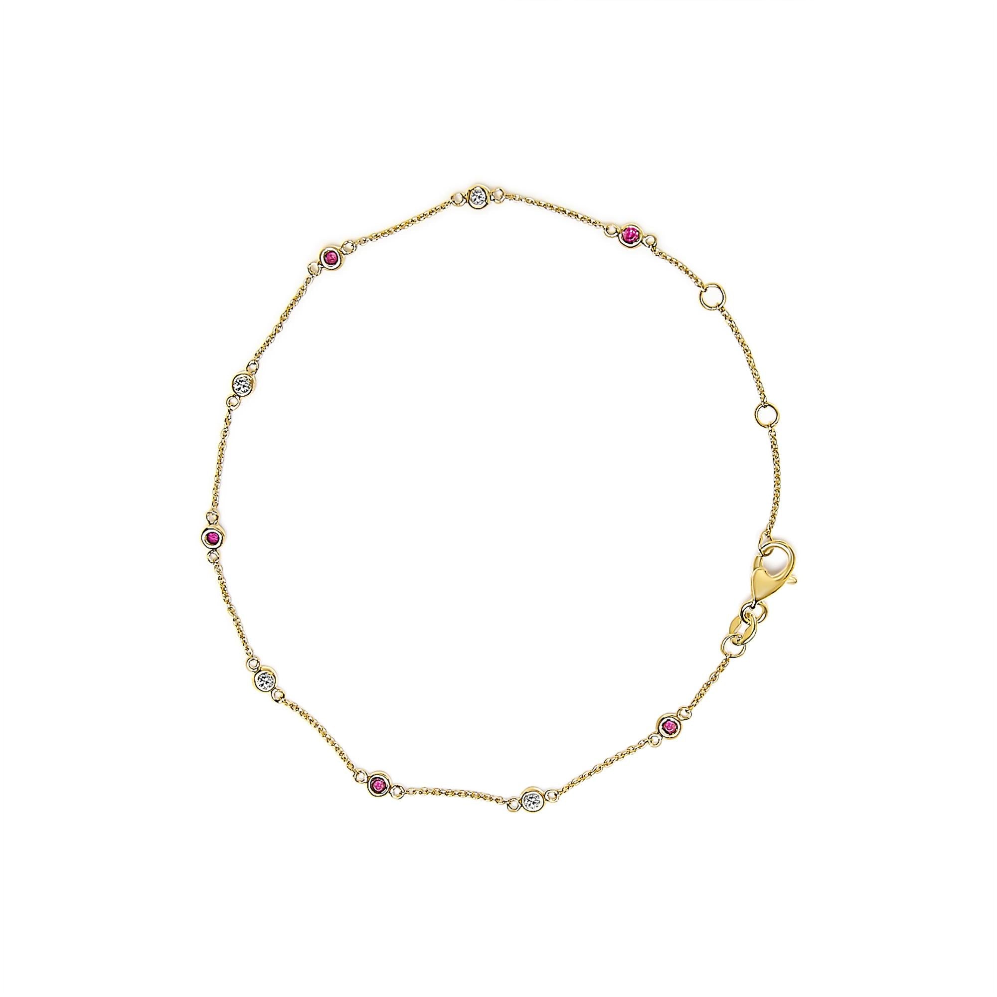 Pulsera de cadena de 9 estaciones de bisel con rubí rojo y diamantes blancos alternados en oro amarillo de 14K, foto 1