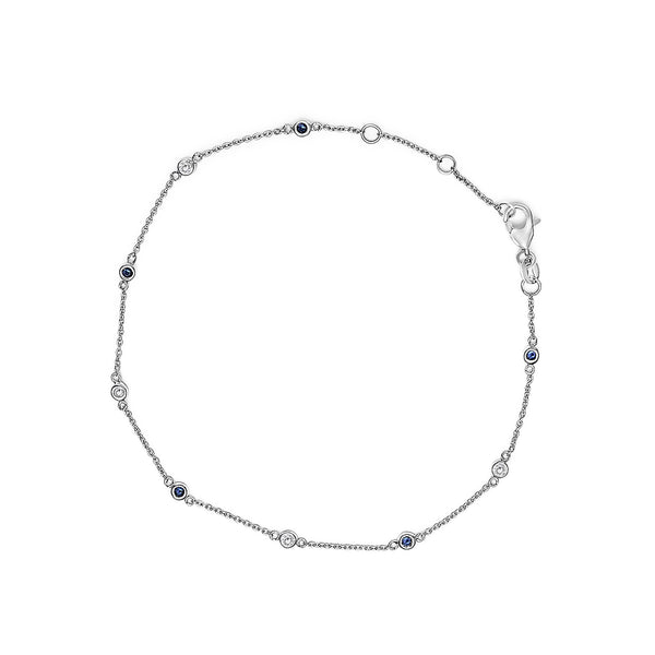 Alternating Blue Sapphire and White Diamond Bezel Station Chain Bracelet in 14K White Gold, photo 1