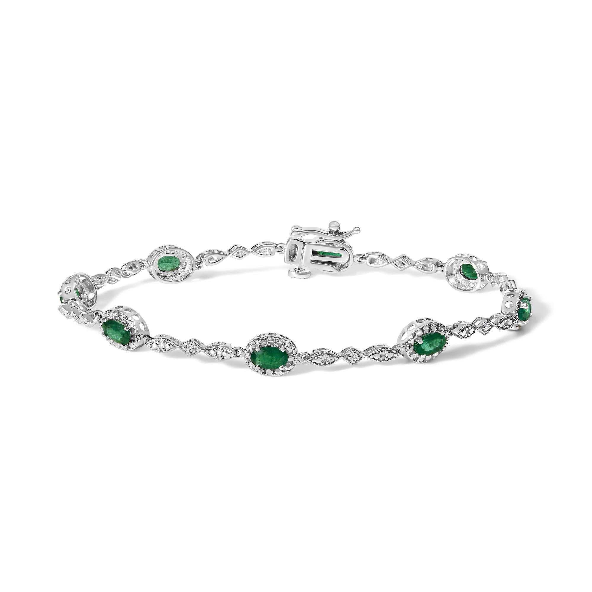 Oval Green Emerald and Diamond Alternating Link Bracelet in 10K White Gold, photo 1