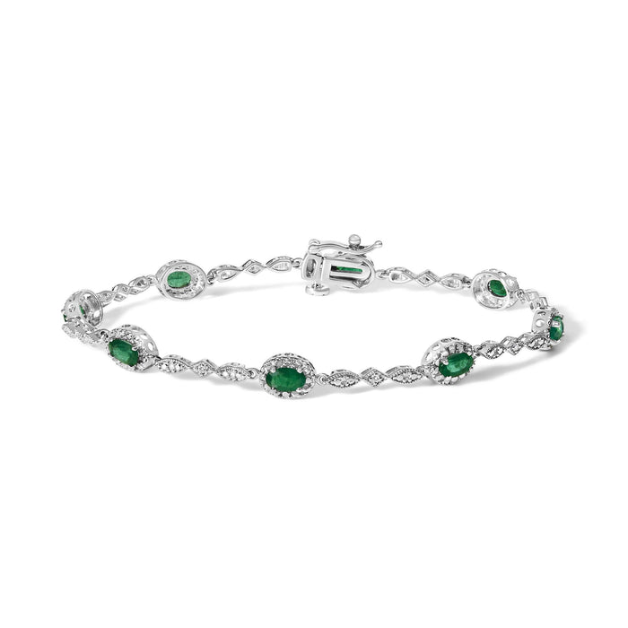 Oval Green Emerald and Diamond Alternating Link Bracelet in 10K White Gold, photo 1