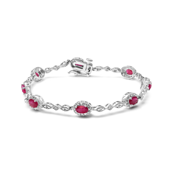 Pulsera de eslabones con rubí ovalado de 4.5mm x 3mm y diamantes en oro blanco de 10K, foto 1