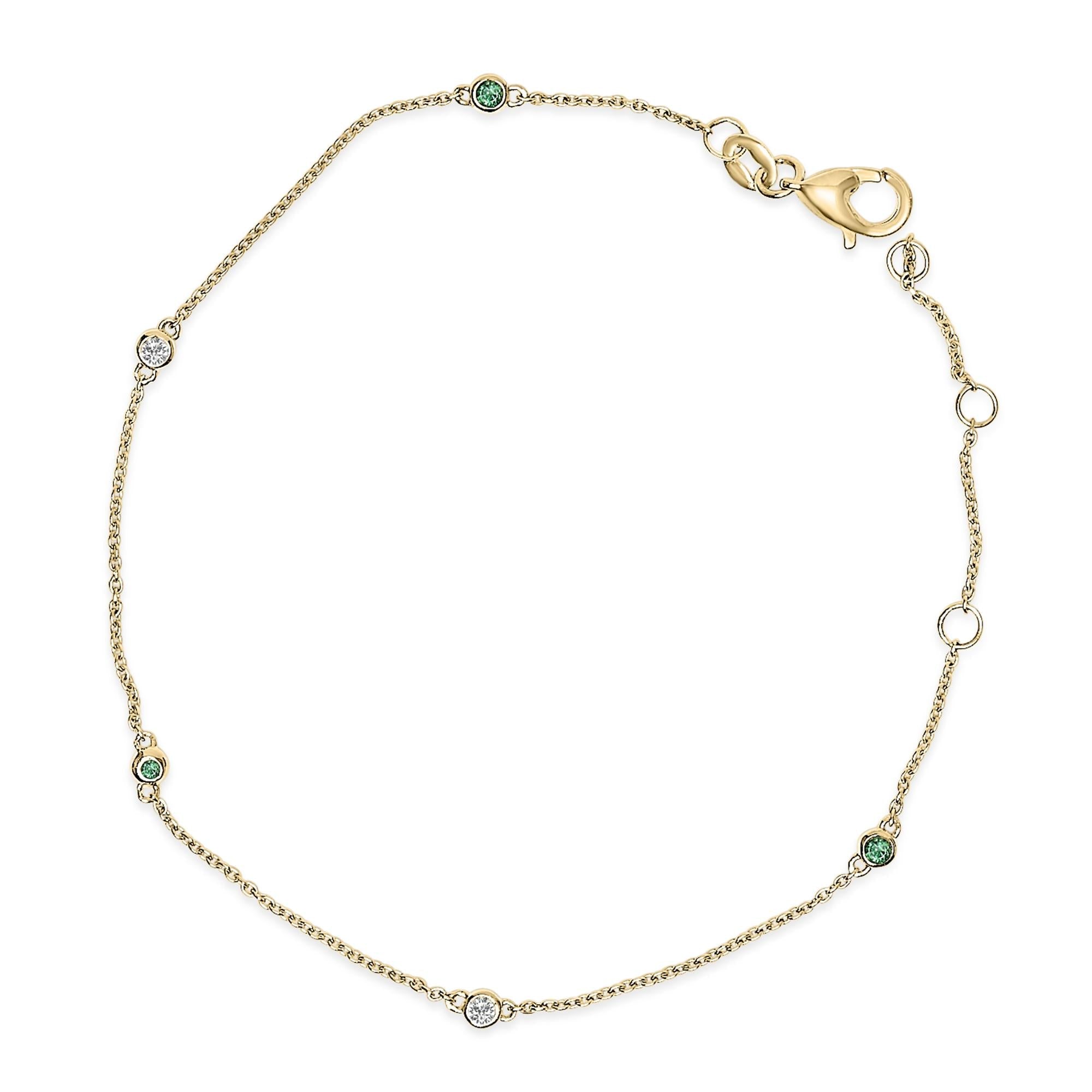 Pulsera de cadena de estaciones de bisel con esmeralda verde y diamantes alternados en oro amarillo de 14K, foto 1