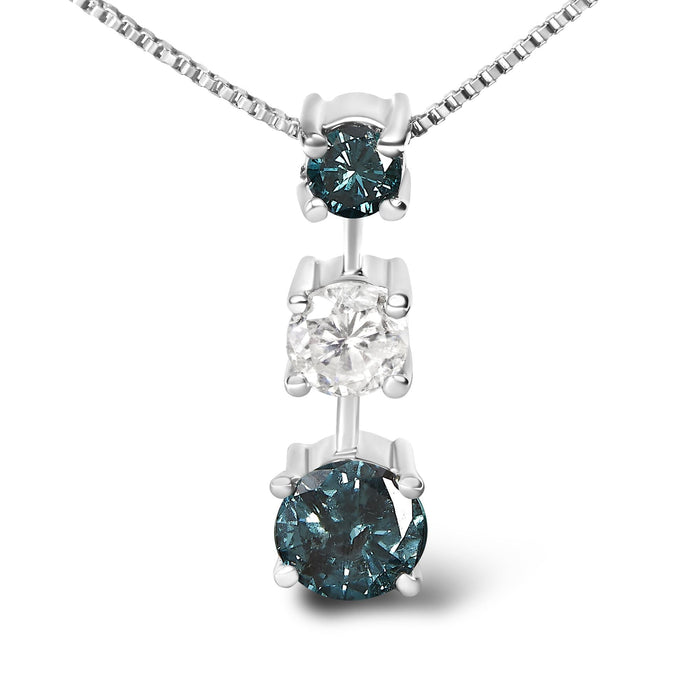 Collar con colgante de 3 piedras con diamantes azules tratados y blancos de 1 1/2 ct. p.t. en oro blanco de 14K, foto 2