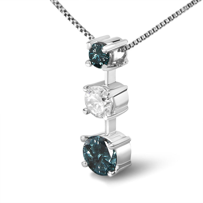 Collar con colgante de 3 piedras con diamantes azules tratados y blancos de 1 1/2 ct. p.t. en oro blanco de 14K, foto 4