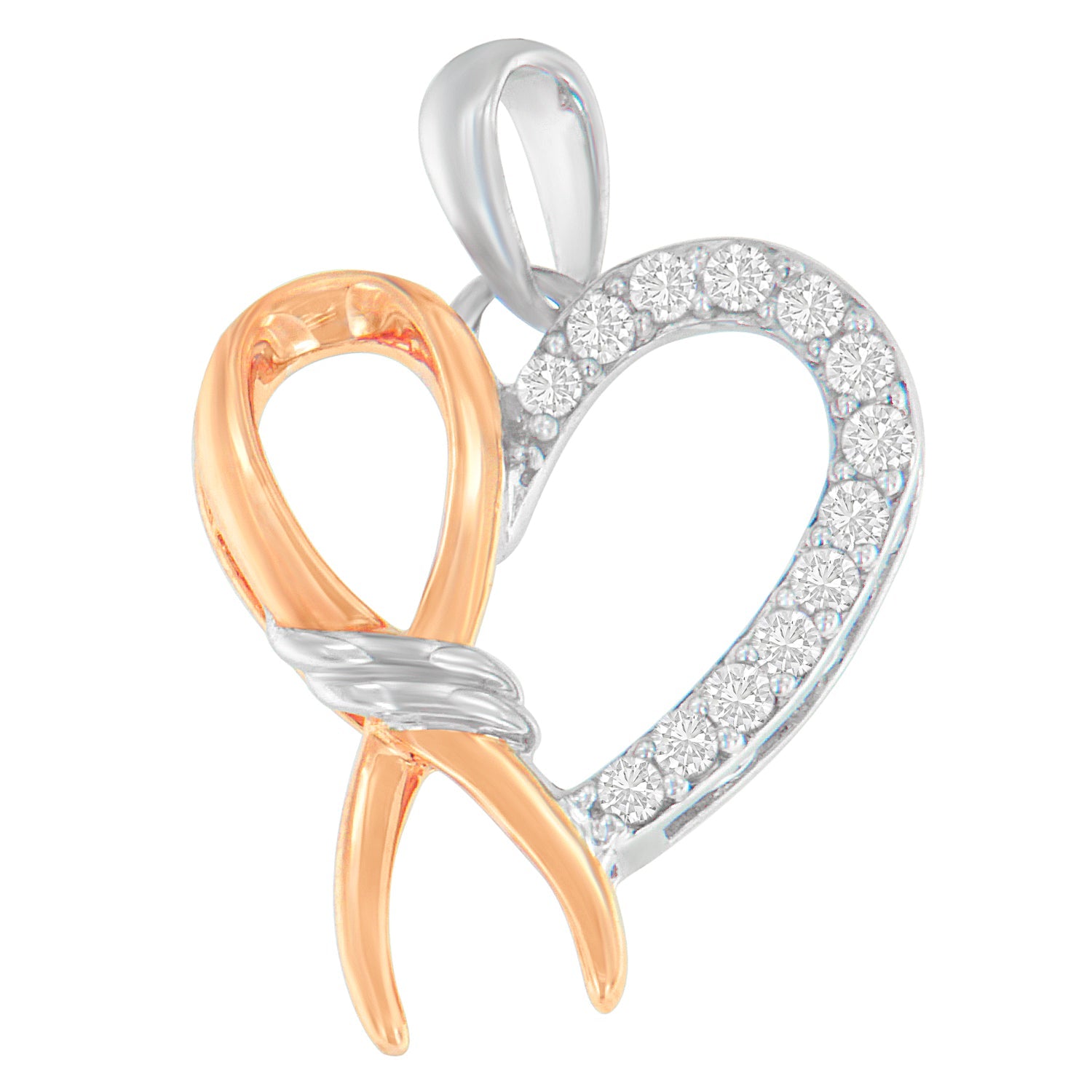 Collar con colgante de corazón y listón con diamantes redondos de 1/5 ct. p.t. en plata de ley de dos tonos, foto 1