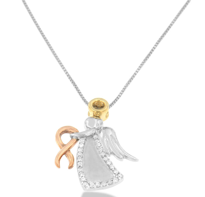 Diamond-Accented Angel Awareness Ribbon Pendant Necklace in 10K Tri-Color Gold, photo 1