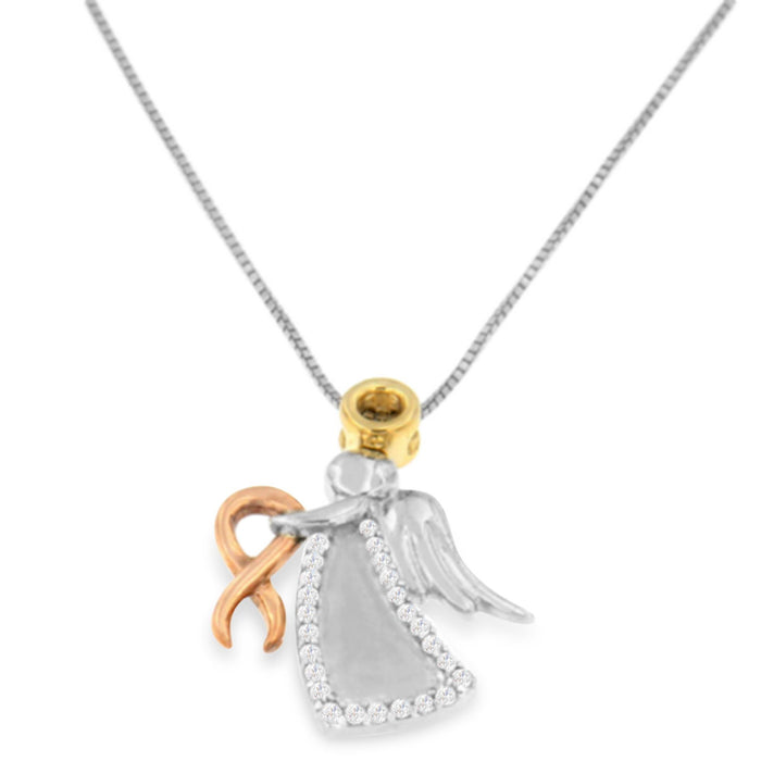 Diamond-Accented Angel Awareness Ribbon Pendant Necklace in 10K Tri-Color Gold, photo 2
