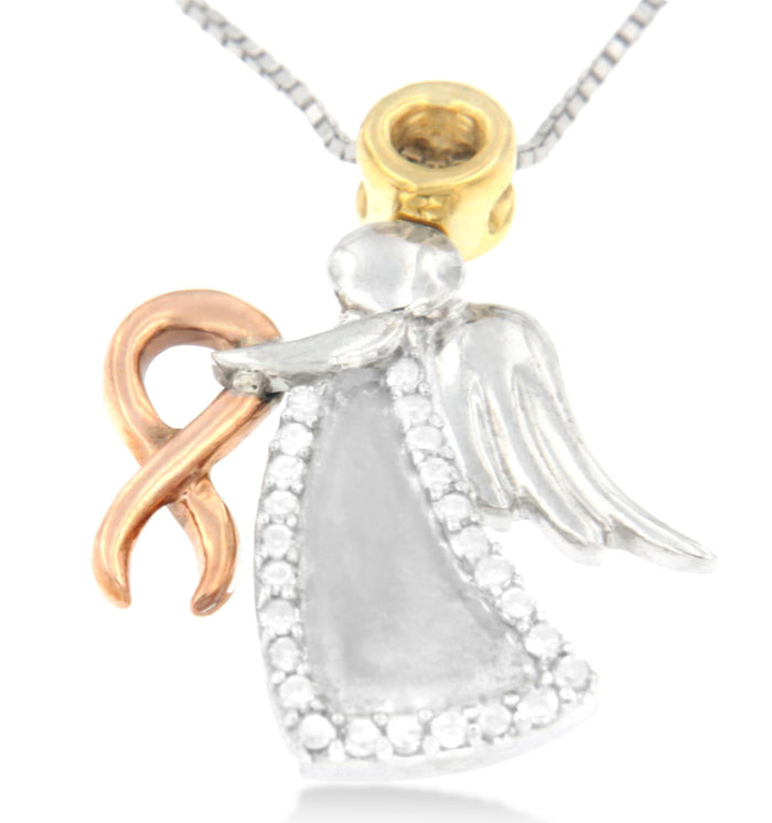 Diamond-Accented Angel Awareness Ribbon Pendant Necklace in 10K Tri-Color Gold, photo 4