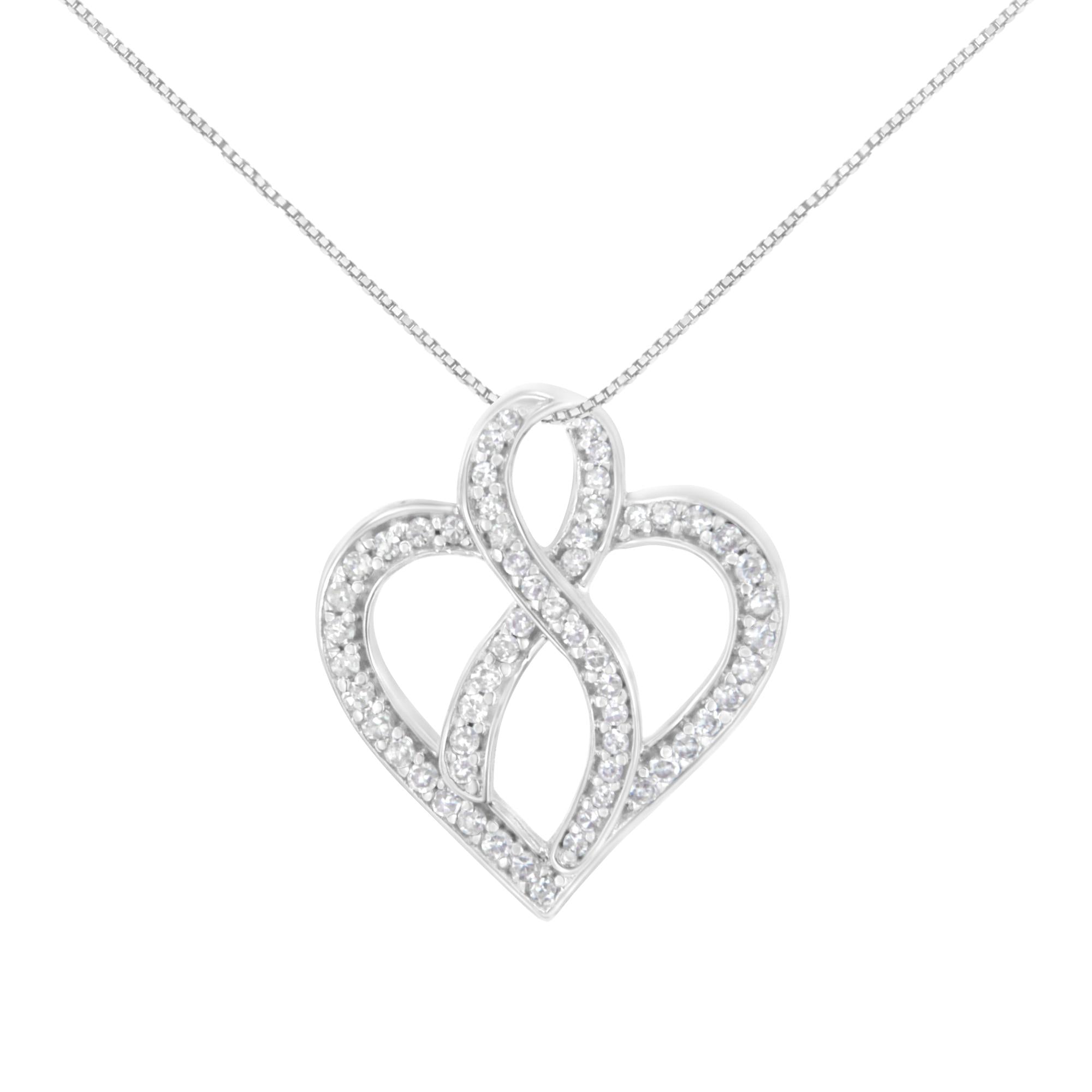 Collar con colgante de corazón con centro de listón y diamantes redondos de 1/4 ct. p.t. en oro blanco de 14K, foto 1