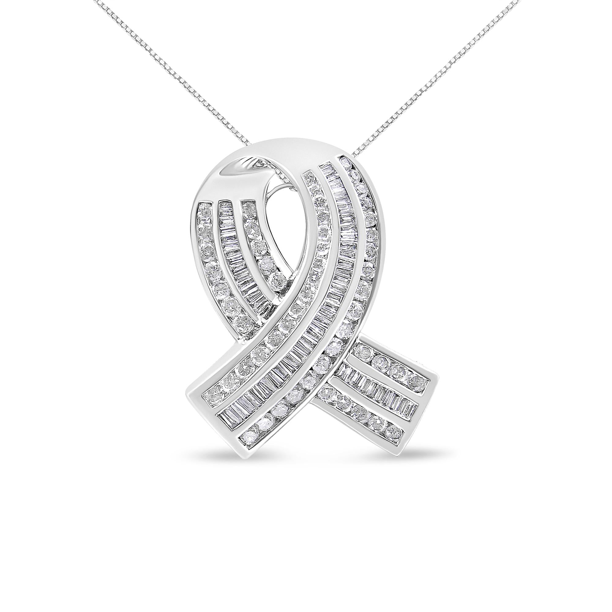 2 5/8 Ct. T.W. Channel-Set Round and Baguette Diamond Awareness Ribbon Pendant in 14K White Gold, photo 1