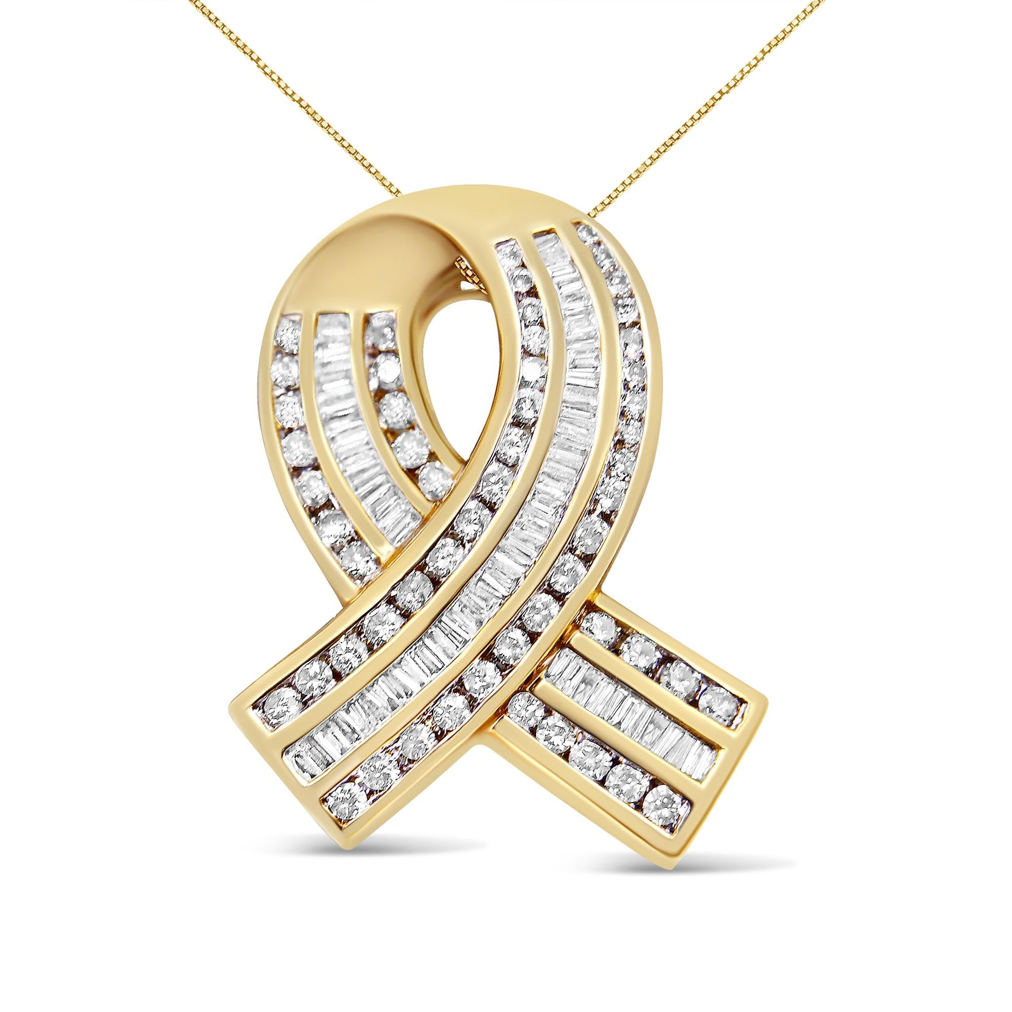 Collar con colgante de lazo de concientización con diamantes blancos en canal de 2 5/8 ct. p.t. en oro amarillo de 14K, foto 1