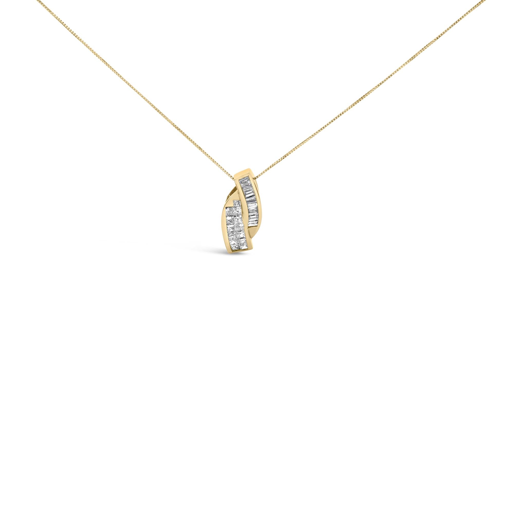 Collar con colgante doble curvo con diamantes talla princesa y baguette de 1 1/3 ct. p.t. en oro amarillo de 14K, foto 1