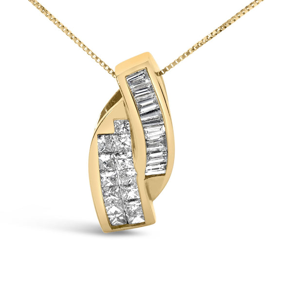 1 1/3 Ct. T.W. Princess and Baguette-Cut Diamond Double Curved Pendant Necklace in 14K Yellow Gold, photo 2