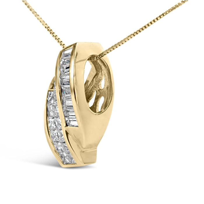 Collar con colgante doble curvo con diamantes talla princesa y baguette de 1 1/3 ct. p.t. en oro amarillo de 14K, foto 4