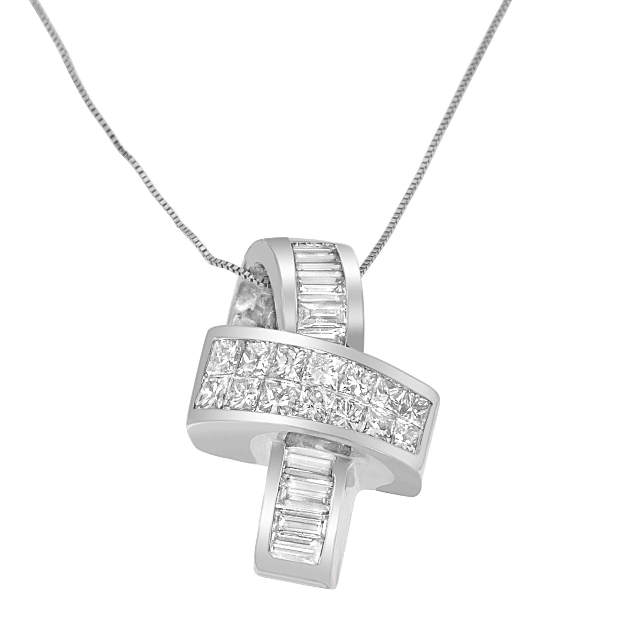 Collar con colgante de cinta con diamantes talla princesa y baguette de 2 ct. p.t. en oro blanco de 14K, foto 1