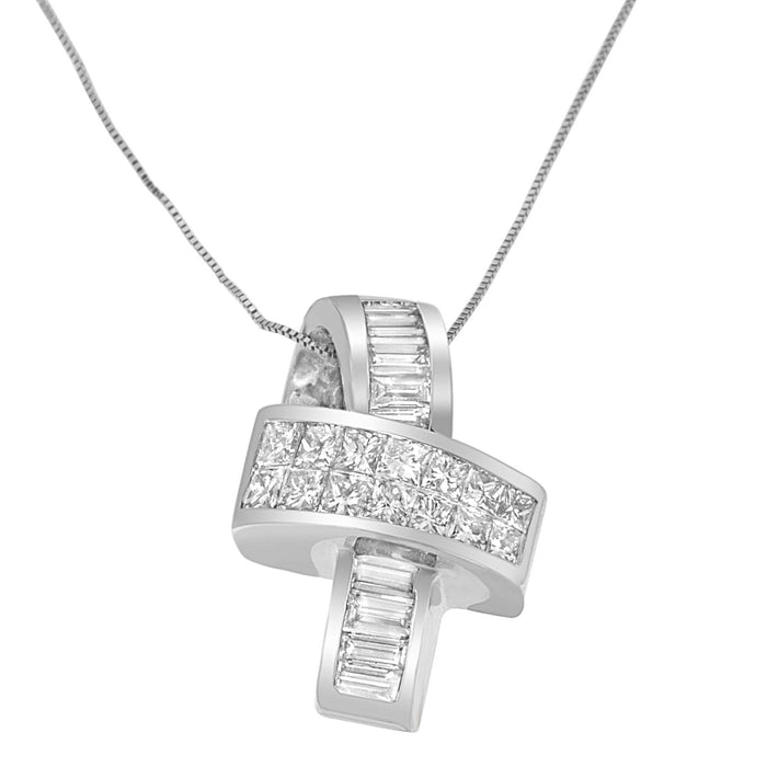 Collar con colgante de cinta con diamantes talla princesa y baguette de 2 ct. p.t. en oro blanco de 14K, foto 1