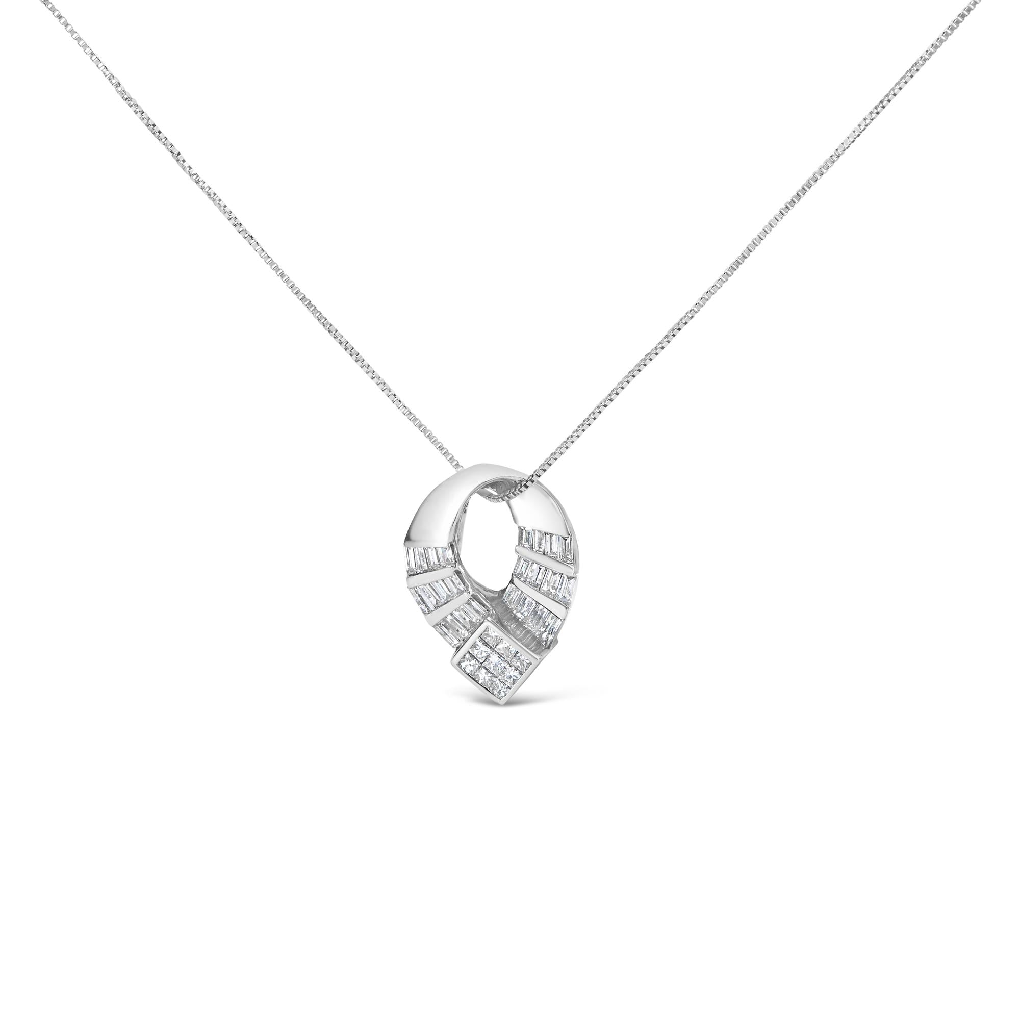 1 5/8 Ct. T.W. Invisible-Set Princess and Channel-Set Baguette Diamond Curved Oval Shape Pendant Necklace in 14K White Gold, photo 1