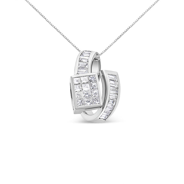Collar con colgante de doble bucle con diamantes talla princesa y baguette de 2 ct. p.t. en oro blanco de 14K, foto 2