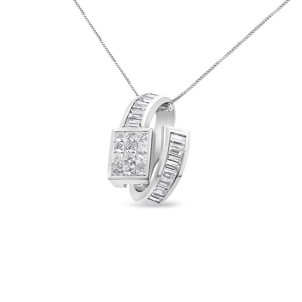 Collar con colgante de doble bucle con diamantes talla princesa y baguette de 2 ct. p.t. en oro blanco de 14K, foto 1