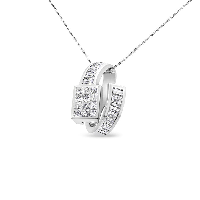 Collar con colgante de doble bucle con diamantes talla princesa y baguette de 2 ct. p.t. en oro blanco de 14K, foto 1