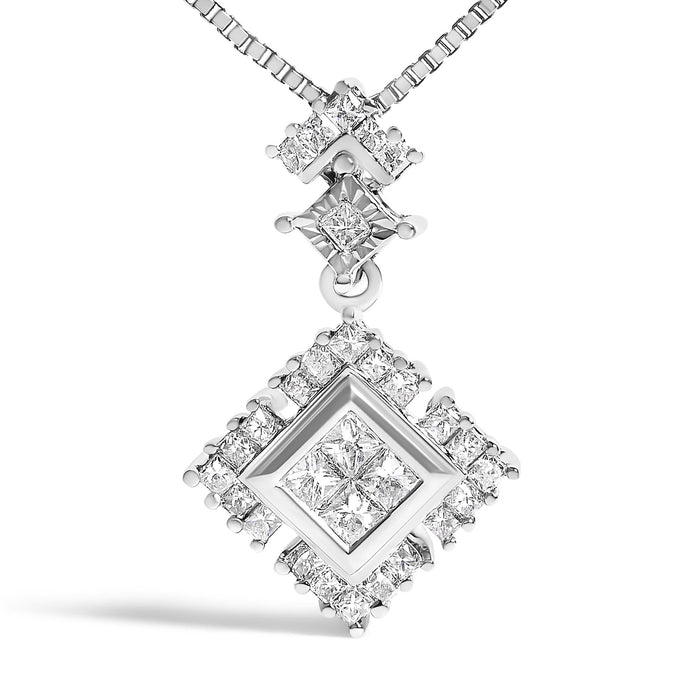 Collar con colgante de gota de rombo con diamantes talla princesa de 1/2 ct. p.t. en oro blanco de 10K, foto 2