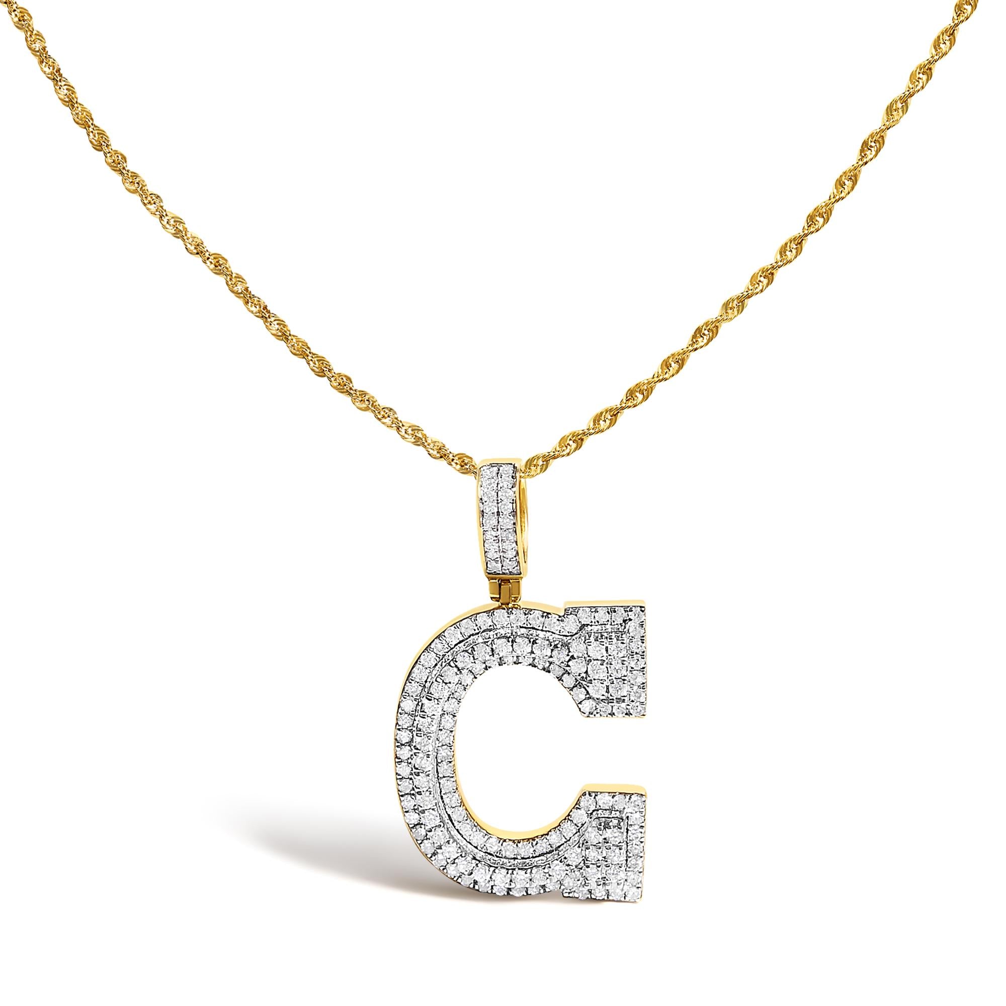 Collar con colgante de inicial letra C para hombre con diamantes de 1 3/4 ct. p.t. en oro amarillo de 10K, foto 1