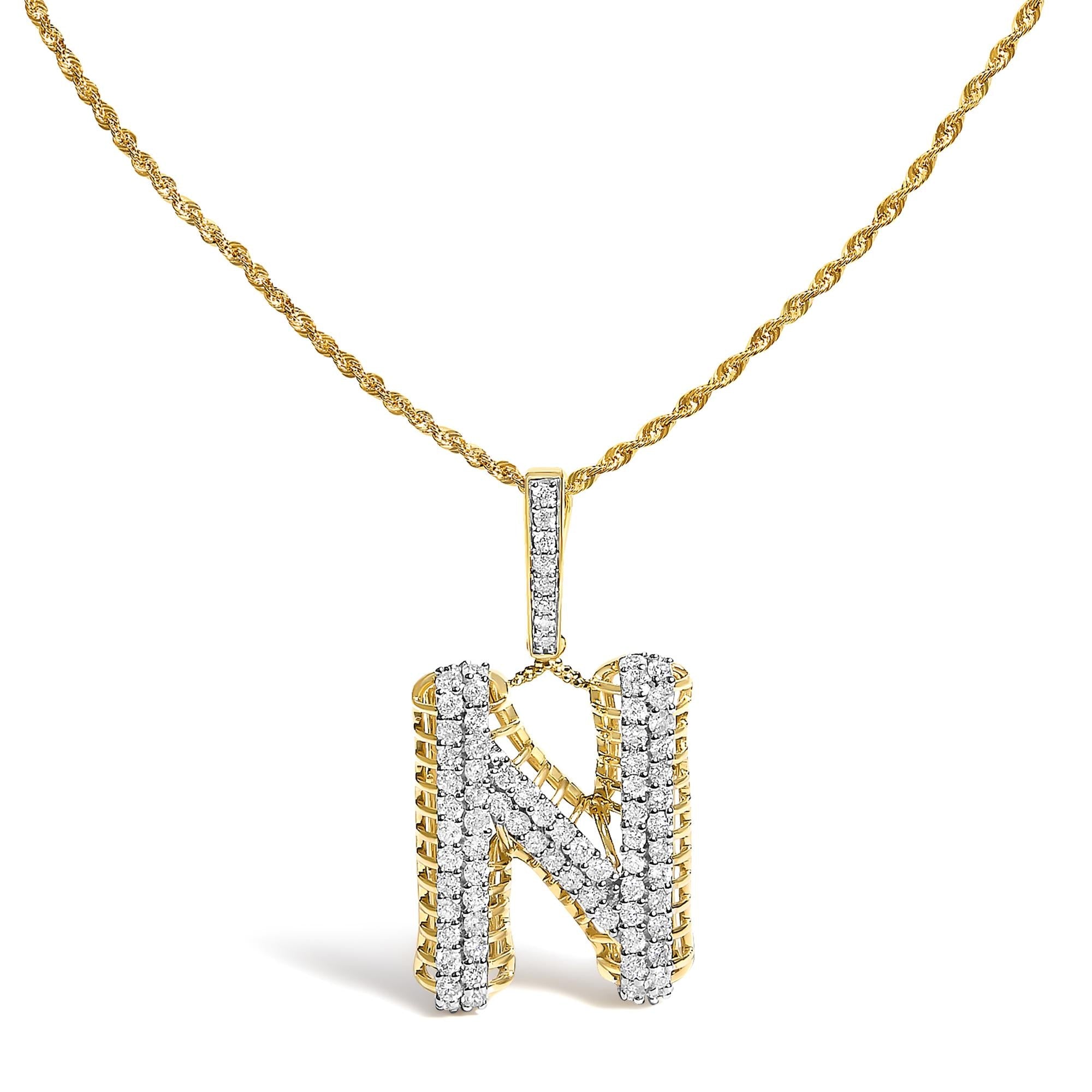 Collar con colgante de inicial letra N para hombre con diamantes de 1 1/2 ct. p.t. en oro amarillo de 10K, foto 1
