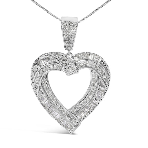 1 Ct. T.W. Baguette and Round Diamond Open Heart Pendant Necklace in Sterling Silver, photo 2