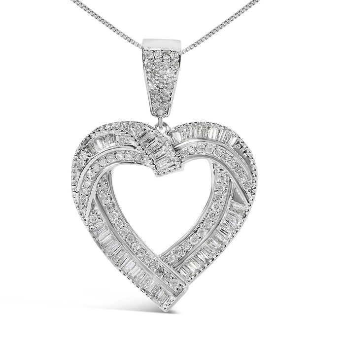1 Ct. T.W. Baguette and Round Diamond Open Heart Pendant Necklace in Sterling Silver, photo 2