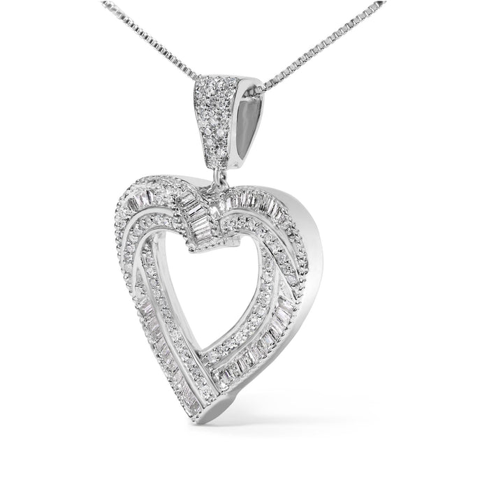 1 Ct. T.W. Baguette and Round Diamond Open Heart Pendant Necklace in Sterling Silver, photo 4