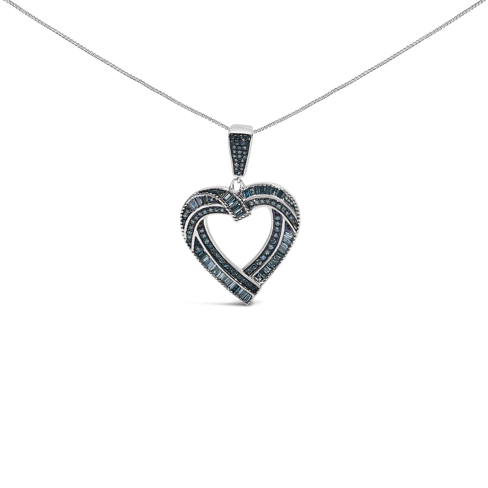 1 Ct. T.W. Baguette and Round Treated Blue Diamond Open Heart Pendant Necklace in Sterling Silver, photo 1