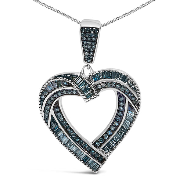 1 Ct. T.W. Baguette and Round Treated Blue Diamond Open Heart Pendant Necklace in Sterling Silver, photo 2