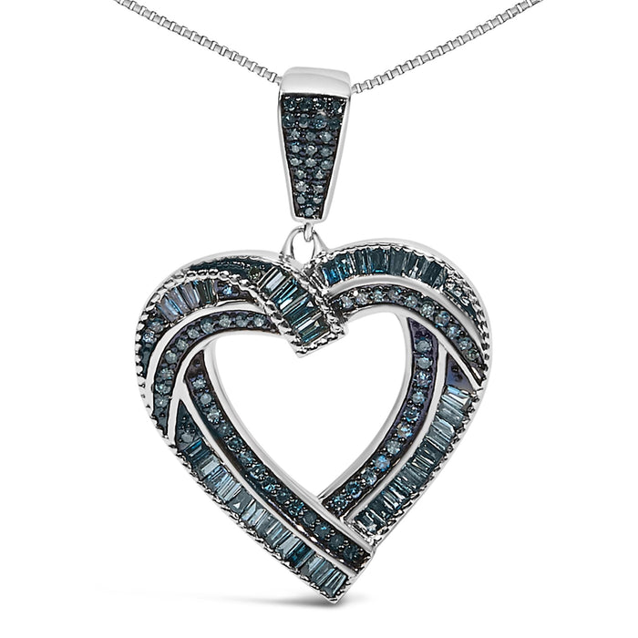 1 Ct. T.W. Baguette and Round Treated Blue Diamond Open Heart Pendant Necklace in Sterling Silver, photo 2