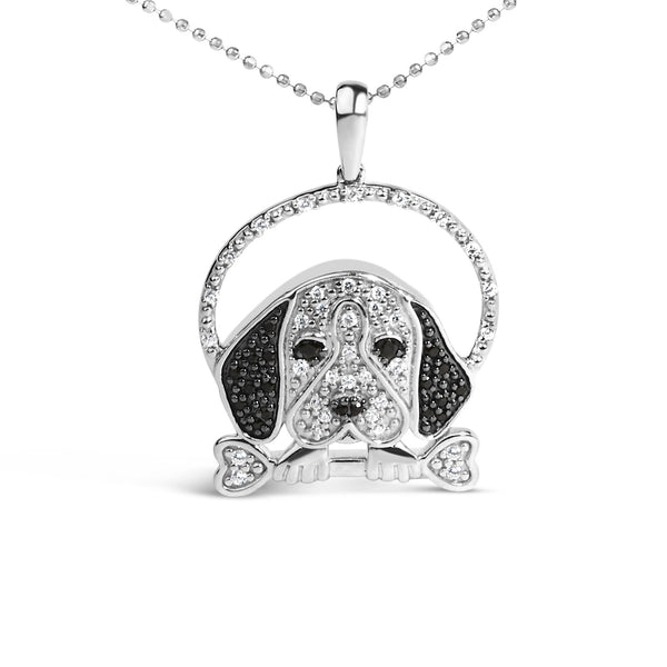 Collar con colgante de perro beagle y hueso con diamantes negros tratados y blancos de 1/4 ct. p.t. en plata de ley, foto 1