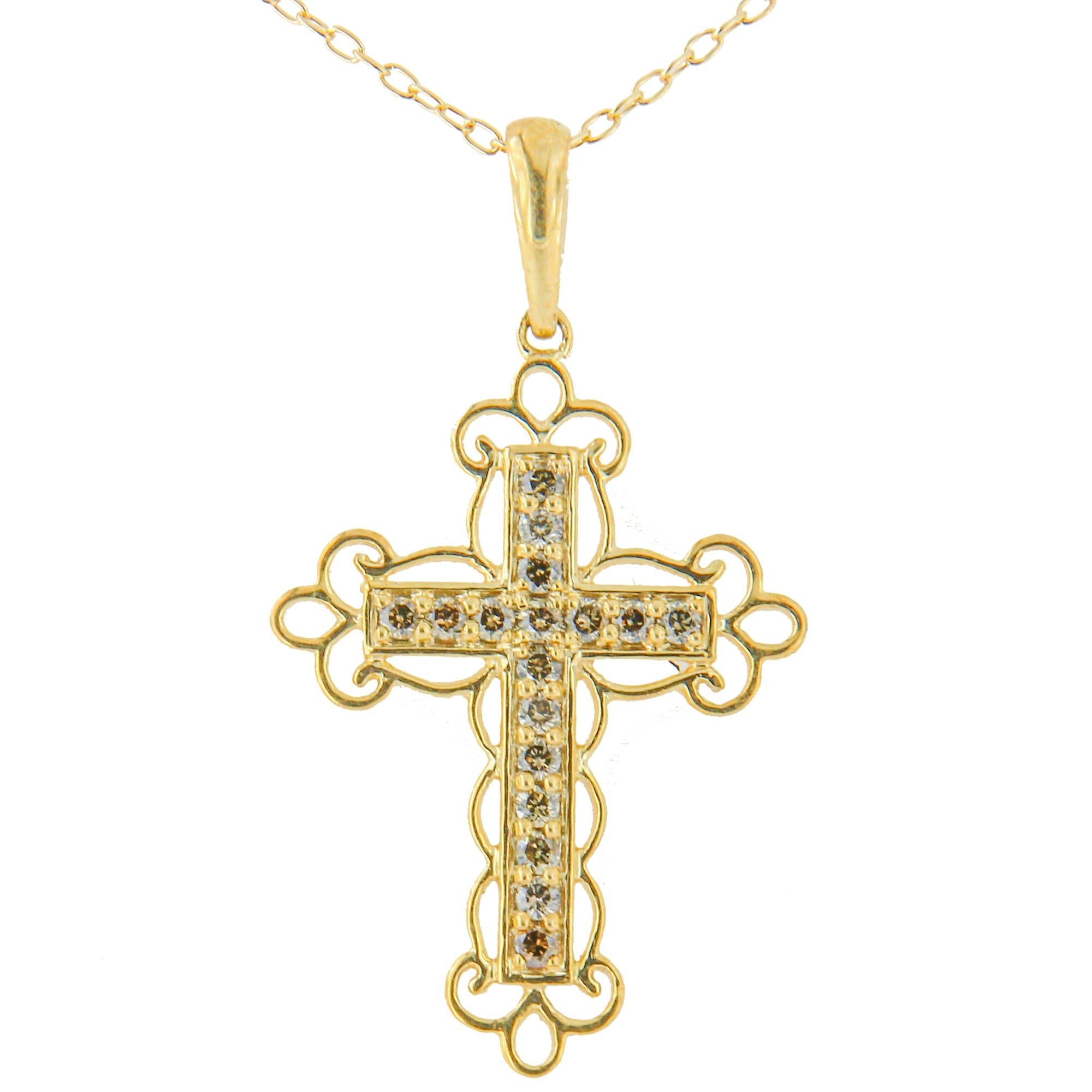 Collar con cruz de filigrana y diamantes champán de 1/4 ct. p.t. en plata de ley con baño flash de oro amarillo de 10K, foto 1