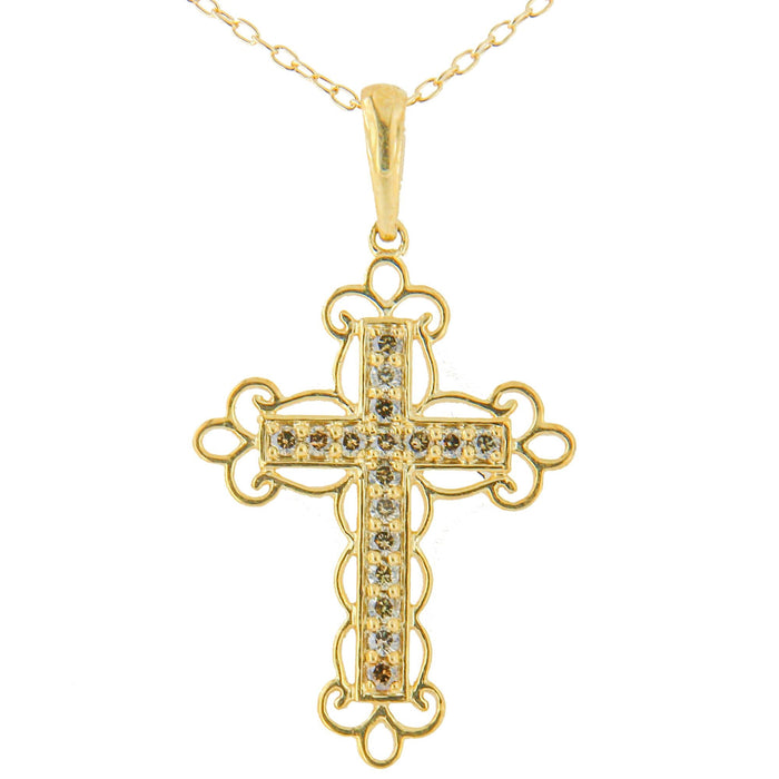 Collar con cruz de filigrana y diamantes champán de 1/4 ct. p.t. en plata de ley con baño flash de oro amarillo de 10K, foto 1